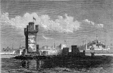 Utsikt över staden Rhodos (Grekland) med det fyrkantiga tornet Saint Michel (Saint Michel), förstört under en jordbävning 1863. Gravyr i "" Le Monde Illustré"" nr 320 av 30 maj 1863.