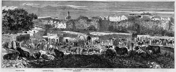 Utsikt över staden Tanger (Marocko), på dagen för den arabiska marschen. Gravyr i "" Le Monde Illustré"" nr 129 av 1 oktober 1859.
