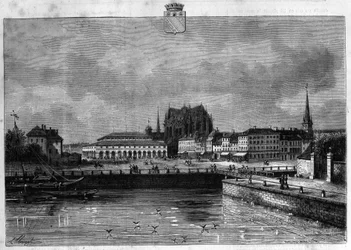 Utsikt över staden Troyes i gryningen. Gravyr från 1880 i "La republique illustree"" privat samling.