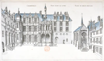 Utsikt över innergården och kapellet i Chantilly (penna, bläck & wc på papper)