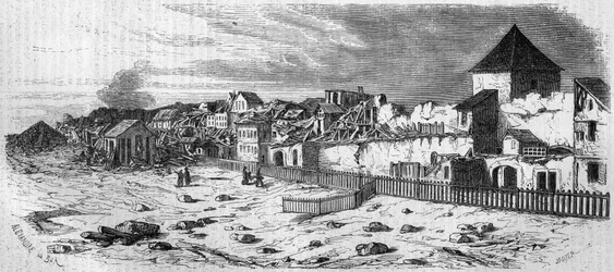 Utsikt över stadsdelen Kastrich, i Mainz (Tyskland), efter explosionen av krutdurken 1857. Från ett fotografi. Gravyr i "" Le Monde Illustré"" nr 36 av 19 december 1857.