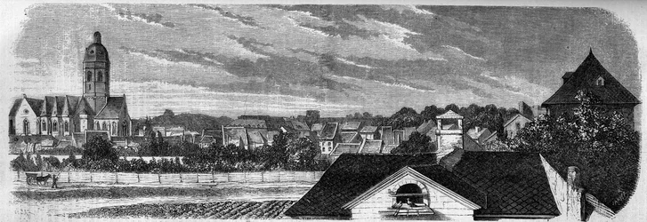 Utsikt över stadsdelen Kastrich i Mainz (Tyskland), före explosionen av krutdurken 1857. Från ett fotografi. Gravyr i "" Le Monde Illustré"" nr 36 av 19 december 1857.