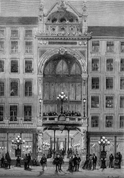Vy över fasaden på Bellecour-teatern i Lyon, byggd av Jules Chatron (1831-1884) 1879. Gravyr i "" Le Monde Illustré"" nr 1176 den 11 oktober