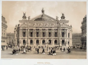 Vy över fasaden av Opera Garnier i Paris med utsikt över Boulevard des Capucines. Från 1800-talets akvarell Paris, Musee Carnavalet