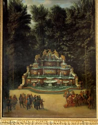 Utsikt över vattenbufféns fontän i trädgårdarna i Grand Trianon 1713. I förgrunden: Ludvig XIV vid Promenade Peinture de Charles Chatelain. 1700-talet. Dämpa. 2,96x1,42 m. Versailles, Versailles slott och Trianon