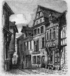 Utsikt över huset som ligger rue de la Pie, i Rouen, där Pierre Corneille föddes. Gravyr i "" Le Monde Illustré"" nr 308 den 3 januari