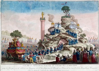 Vy över bergshöjden vid Reunionfältet. 20 prairial år II (8/06/1794) i samband med Fete of the Supreme Being Anonym gravyr från 1794. Paris, Musee Carnavalet