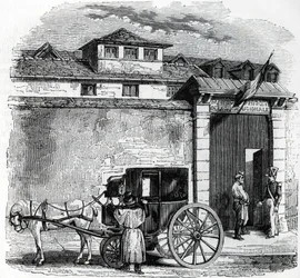 Vy över Nationalgardets gamla arresthus, känt som Hôtel des Haricots i Paris (Nationalgardets fängelse i Paris)