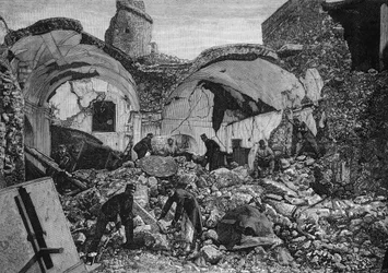 Utsikt över ruinerna av Chiese del Purgatorio, som förstördes under jordbävningen 1881 på ön Ischia (Italien). Gravyr av Quesnel i ""The Illustrous World"" nr 1254 av den 9 april 1881.