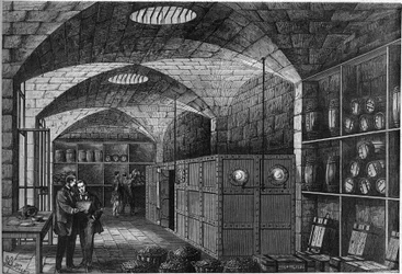 Utsikt över åtstramningen, belägen i Louvrens källare, där silvret som är avsett för Tyskland förvaras. Frankrike fick betala ersättning för sitt nederlag under kriget 1870. Paris