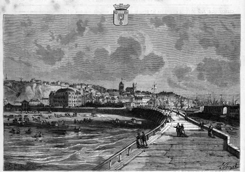 Utsikt över staden Boulogne i Pas de Calais. Gravyr från 1880 i "La republique illustree"" privat samling.