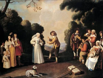 Bydansscen förmodligen på en bröllopsfest, en gravid kvinna till vänster. Målning av den franska skolan. Avignon från 1600-talet, Musee Calvet