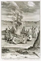 Virginians dyrkar eld och glädje efter att ha befriats från betydande fara, illustration från religiösa ceremonier och seder, graverad av Bernard Picart (1673-1733) 1721