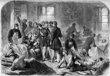 Kejsar Napoleon III besökte såren från slaget vid Montebello i de improviserade ambulanserna i Voghera den 21 maj 1859. Gravyr från en skiss av Moullin.