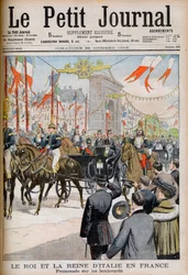 Besök av kungen och drottningen av Italien i Frankrike. Kungen och drottningen av Italien i Frankrike. Promenad på boulevarderna med Frankrikes president Emile Loubet - Illustration för Le petit Journal, 25 oktober 1903 - Victor Emmanuel III (Victor-Emma