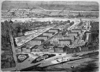 Exteriörvy av Hotel Dieu (Hotel-Dieu) i Nantes, invigt 1863. Detta sjukhus förstördes nästan helt under ett bombardemang 1943. Loire Atlantique (44). Gravyr i ""Le Monde Illustre"" nr 347 den 5 december 1863.