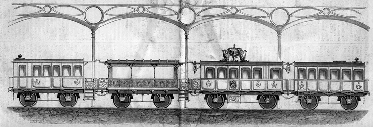 Vagnar ockuperade av kejsar Napoleon III (1808-1873) under resan från Paris till Cherbourg 1858. Gravyr i "" Le Monde Illustré"" nr 70 av 14 augusti 1858.