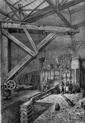 Kriget 1870 - Paris högkvarter: smältningen av kanonen "Petity Moniteur", finansierad av tidningens läsare, i herrarna Broquins och Laines verkstäder i Paris. Gravyr i "" Le Monde Illustré"" nr 721 av den 4 februari 1871.
