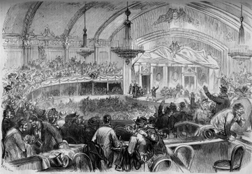 Kriget 1870 - parlamentsval under vapenstilleståndet - februari 1871: valmöte på Cabaret des Folies Bergères i Paris för tillkännagivandet av kandidaterna till nationalförsamlingen. Gravyr i ”Le Monde Illustré”, nr 722 den 11 februari 187