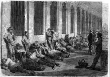 Kriget 1870: Parisare köar framför finansministeriet för att teckna det nationella lånet som ska finansiera kriget. Scen som skildrar dagen före öppnandet av luckorna