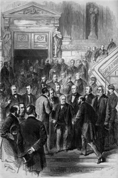 Kriget 1870: konseljpresidenten Adolphe Thiers (1797-1877) tog emot de deputerades gratulationer när han lämnade nationalförsamlingen, som åter hade samlats i Bordeaux den 19 februari 1871. Han hade just fått mandat för sin regering. Gravyr i ”Le Mo”