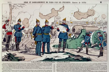 Kriget 1870: Preussarna belägrar och bombarderar staden Paris. Den preussiske kungen Vilhelm I (1797-1888), general Moltke (1800-1891) och förbundskansler Otto von Bismarck (1815-1898) tog råd. Gravyr från 1870. Paris, Musee Carnavalet