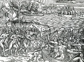 Krigsscen, Brasilien, illustration från "Singularities of France Antarctique", av Andre de Thevet, 1558