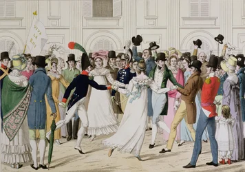 Vi har vår Pere de Gand, firande i Tuilerierna av Ludvig XVIII återvänder 1815 från Gent efter 100 dagar (färggravyr)