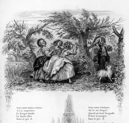 Vi var tre tjejer. Tre flickor som leker med en herde och gör honom obekväm. Gravyr i "" Chants et chansons populaire de la France", Tome 2