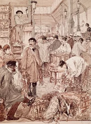 Vildauktion på Les Halles, illustration, Paris, Frankrike