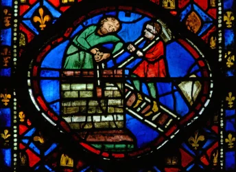 Fönster Ew-R som visar Theophilus bygger en kyrka
