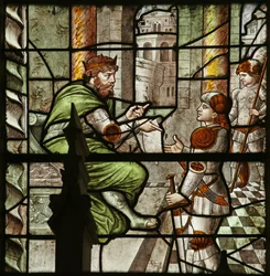 Fönster som visar Diocletianus som beordrar Saint Sebastians förföljelse (målat glas)