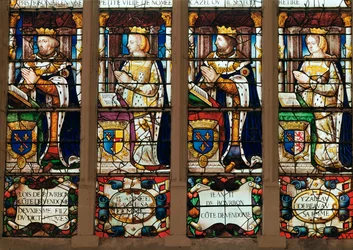 Fönster som visar Louis de Bourbon (1376-1446) Comte de Vendome, Jeanne de Laval (d.1468) Jean II de Bourbon (1446-77) Comte de Vendome abd Isabelle de Beauvau (d.1474)
