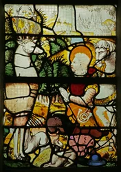 Fönster som visar Saint Eustache (som Placidus) möter Stag (målat glas)