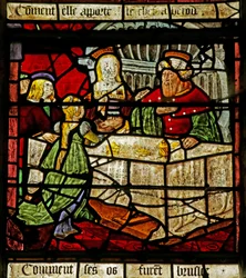 Fönster som visar Johannes Döparen och Herodes som tar emot hans huvud (målat glas)