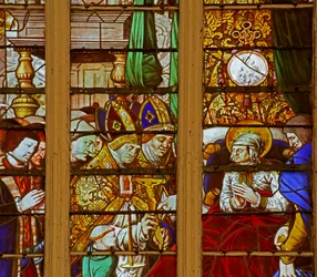 Fönster som visar Saint Louis: återhämtar sig mirakulöst från sjukdom och lovar att åka till det heliga landet (målat glas)