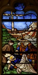 Fönster som visar Sankta Maria Magdalena: Grevinnan av Provence dör på pilgrimsfärd till det heliga landet (målat glas)