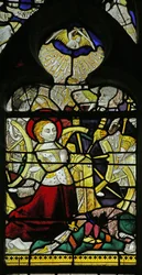 Fönster som visar St Catherine som ber och änglar som bryter hjulet genom att kasta sten, 1460-70