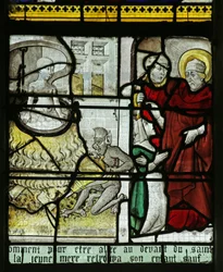 Fönster som visar St Nicholas som räddar ett barn från att kokas levande, 1460-70