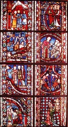 Fönster som visar legenden om den helige Nicolas, den helige Martins död, Johannes döparen som predikar i öknen, Johannes döparens omskärelse, den helige Stefans legend, Johannes döparens predikan.