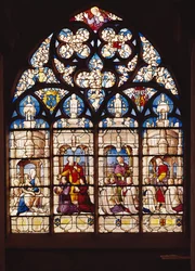 Fönster som visar Jungfrun och barnet med Johannes Döparen, St. Peter presenterar Pierre Tullier och hans fru, St. John presenterar Jehan, Francois och Pierre Tullier och St. James presenterar fyra