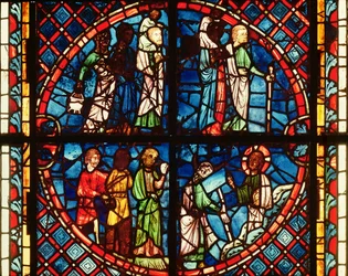 Fönster från Jungfrukapellet som visar israeliterna i öknen och Moses på berget Sinai, ca 1240-50