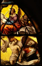 Fönster i Charnier (w.2) som visar en detalj från värdens mirakel: Markus och Matteus