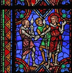 Fönster w06 som visar historien om St Julianus av Brioude - St Ferreol, en vän till Julien, som dog under Diocletianus förföljelser, arresteras