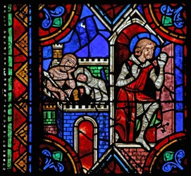 Fönster w06 som visar historien om St Julian av Brioude - St Ferreol, en vän till Julien, som dog under Diocletianus förföljelser, flyr