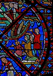 Fönster w15 som skildrar historien om St Stephens reliker: när de närvarade vid återbegravningen upplever människorna mirakulösa botemedel när regnet faller över dem