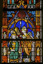 Fönster w19 som visar St Thomas Becket och Henry II håller inte med