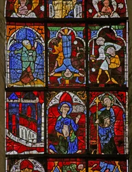 Fönster w221 föreställande Quo Vadis; St Pauls martyrskap, St Peters korsfästelse; en profet