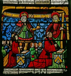 Fönster w3 som visar donatorer - Henriette de Mauroy och Simon Liboron med sina barn och skyddshelgonen St Henry och Simon av Cyrene