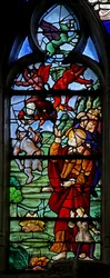 Fönster w4 som visar St Peter med Simon Magus när han faller efter att ha försökt flyga